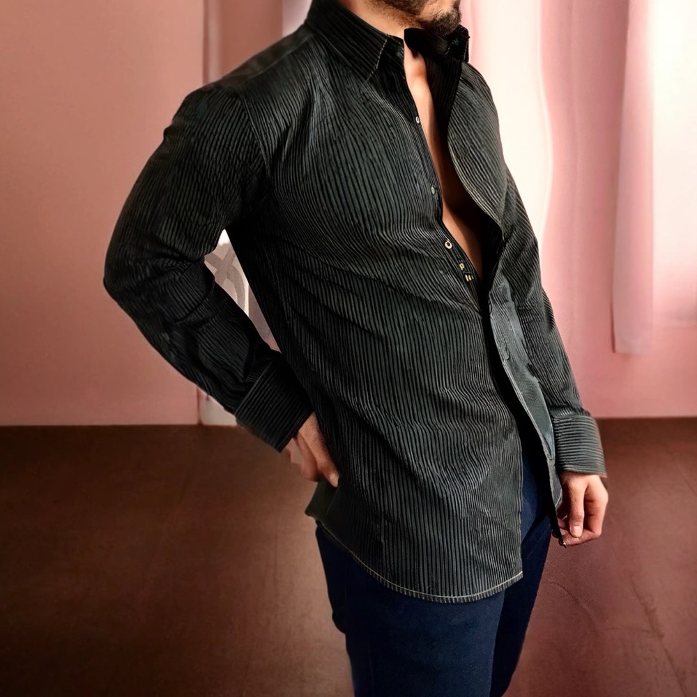 Men's Black Pinstripe Button-Up Shirt with White Floral Accent - Picture 2 of 4